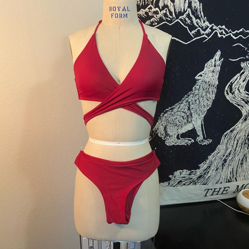 Red wrap bikini top with low cut cheeky bottoms